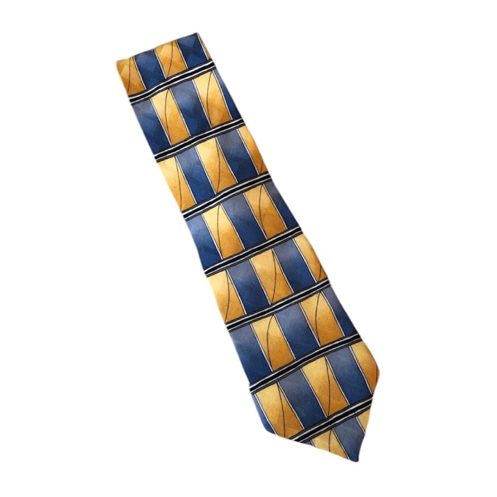 Bergeré Vintage Made In USA 💯 % Silk Yellow Blue Geometry Pattern Tie